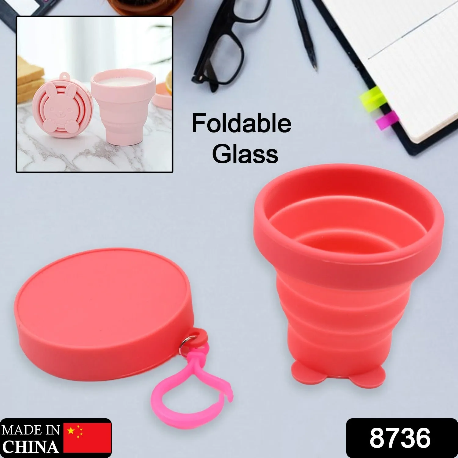 8736 Reusable Folding Silicone Tumbler / Glass / Cup, Folding Cups with Reusable Lid, Silicone Folding Cup with Clip Hook Folding Travel Cup Bag for Travel, Camping, Sports (1 Pc)