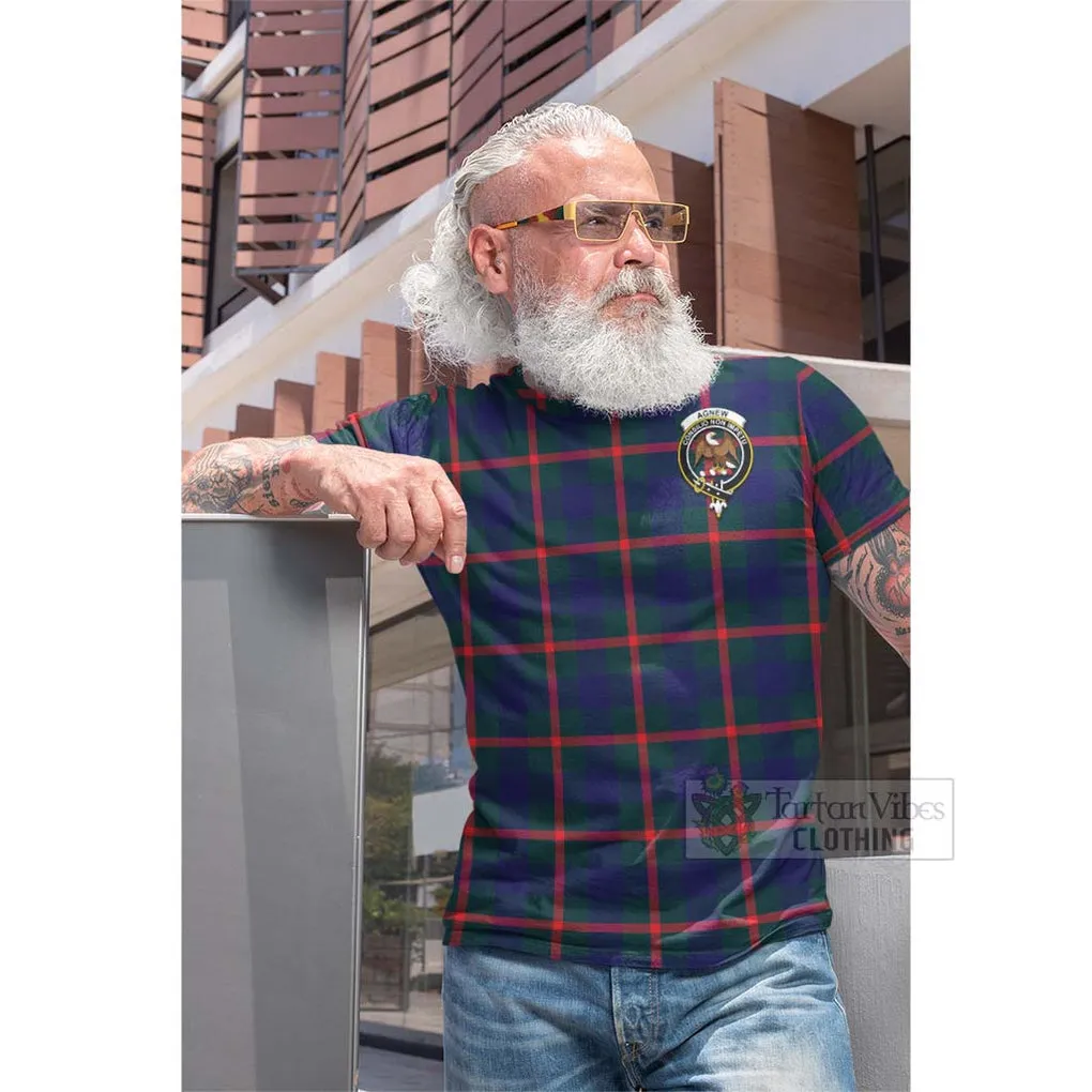 Agnew Tartan Cotton T-shirt with Family Crest and Bearded Skull Holding Bottles of Whiskey