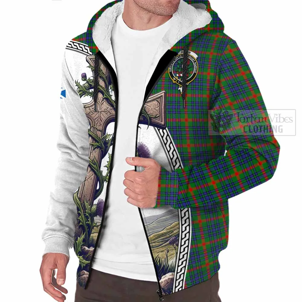 Aiton Tartan Sherpa Hoodie with Family Crest and St. Andrew's Cross Accented by Thistle Vines