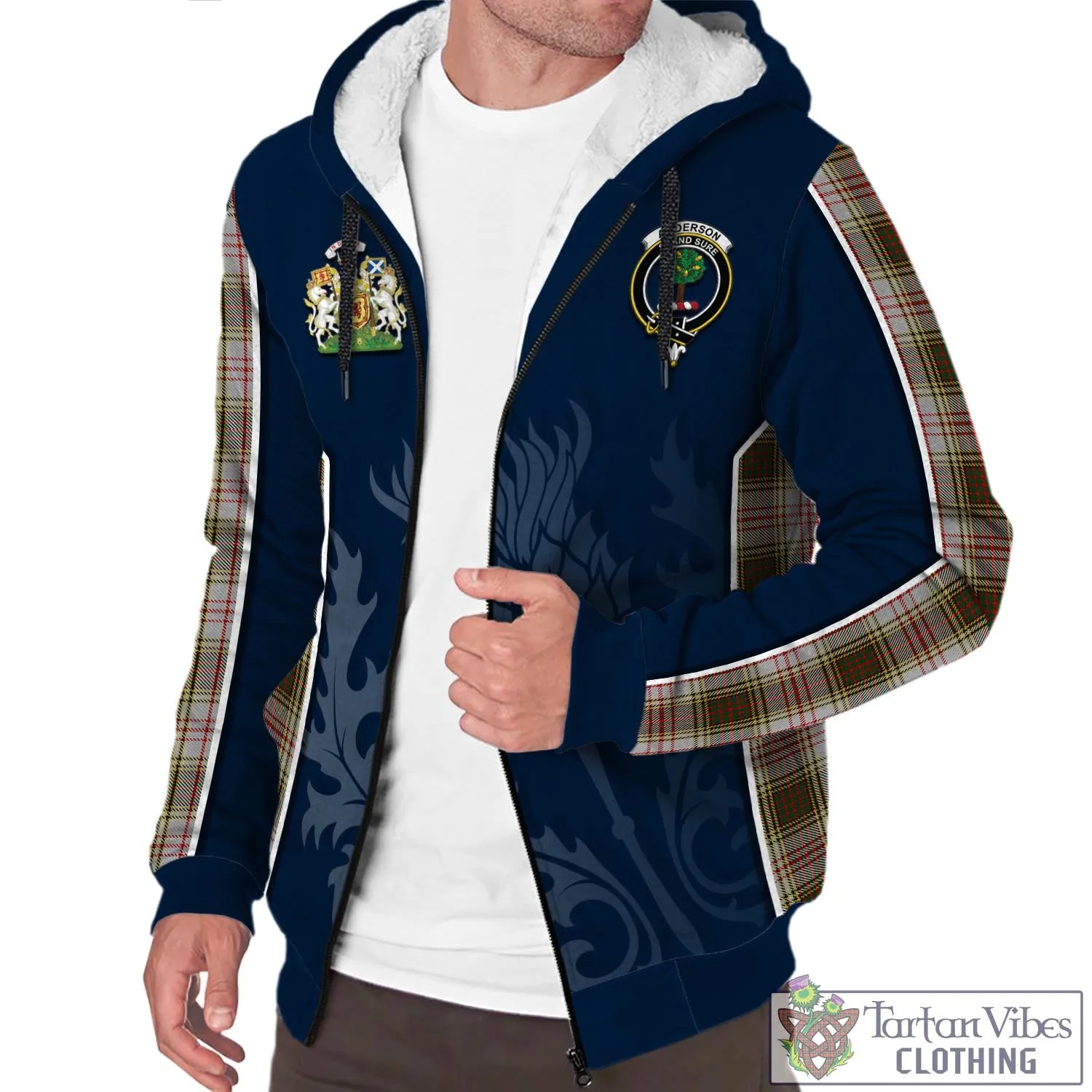 Anderson Dress Tartan Sherpa Hoodie with Family Crest and Scottish Thistle Vibes Sport Style