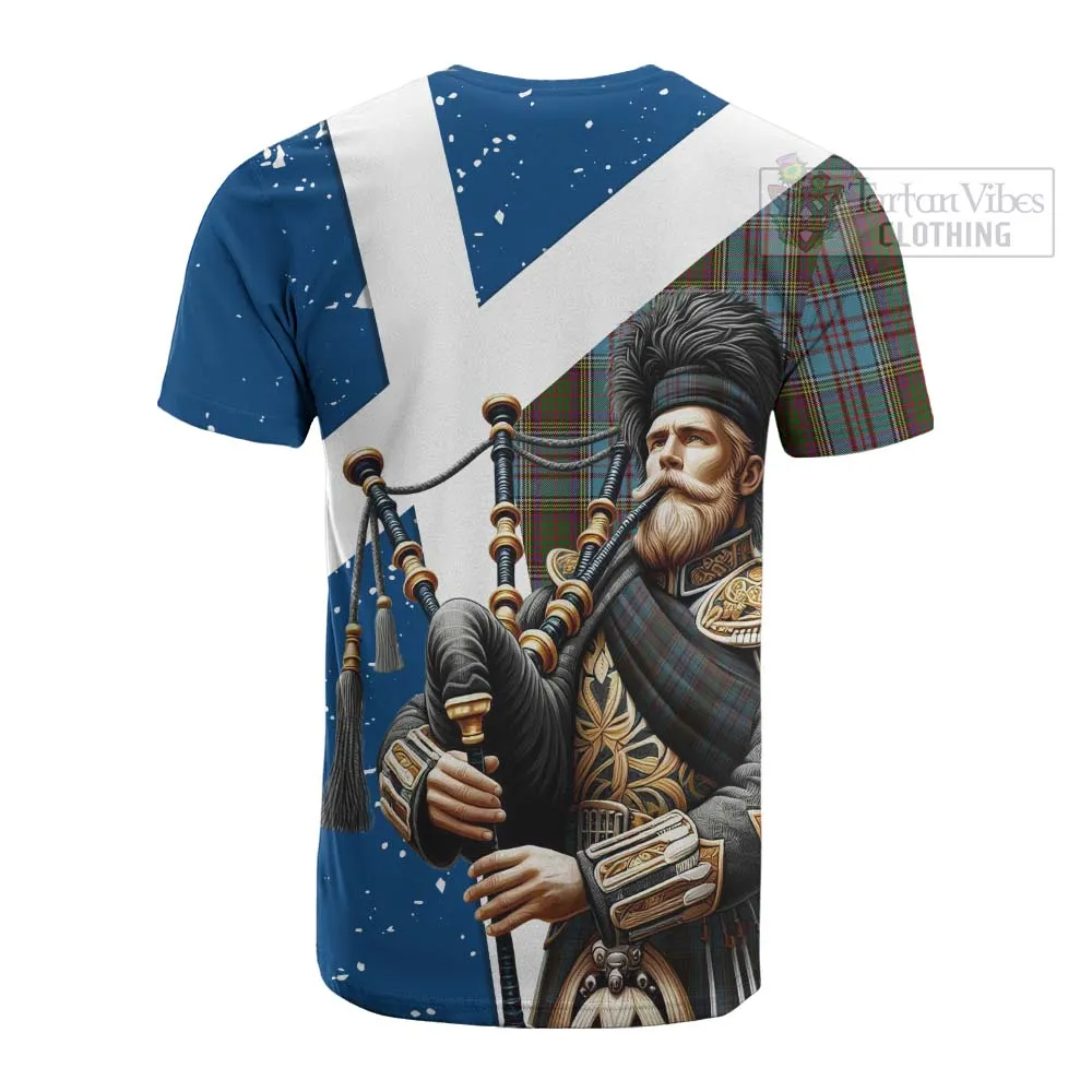 Anderson Tartan Cotton T-shirt with Family Crest Scottish Bagpiper Vibes