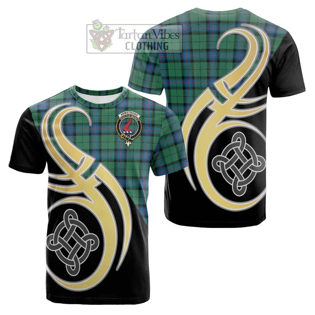 Armstrong Ancient Tartan Cotton T-shirt with Family Crest and Celtic Symbol Style