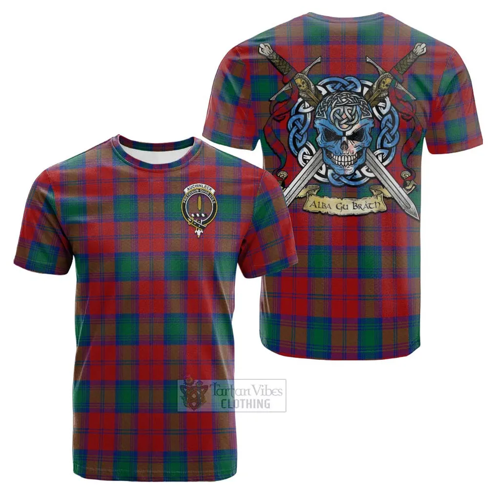 Auchinleck (Affleck) Tartan Cotton T-shirt with Family Crest Celtic Skull Style