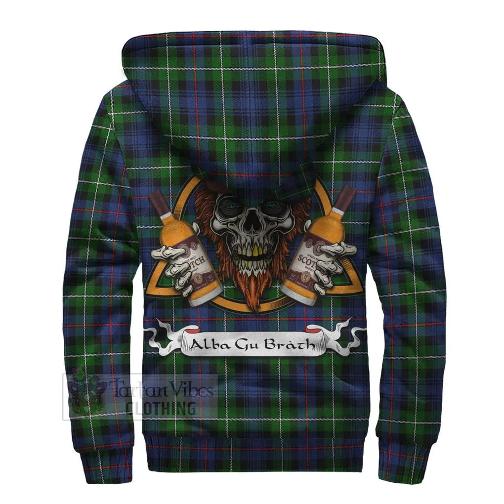 Baillie (Bailey) Tartan Sherpa Hoodie with Family Crest and Bearded Skull Holding Bottles of Whiskey