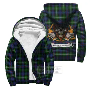 Baillie (Bailey) Tartan Sherpa Hoodie with Family Crest and Bearded Skull Holding Bottles of Whiskey