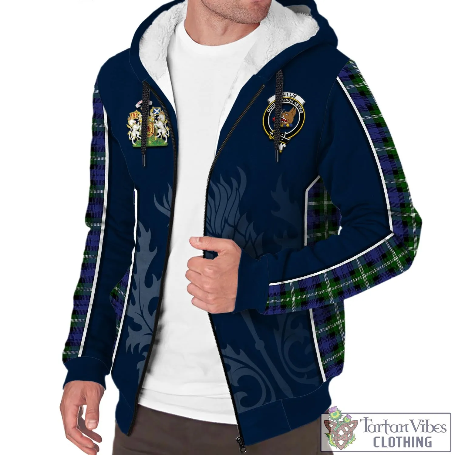 Baillie (Bailey) Tartan Sherpa Hoodie with Family Crest and Scottish Thistle Vibes Sport Style