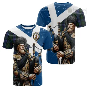 Baird Tartan Cotton T-shirt with Family Crest Scottish Bagpiper Vibes