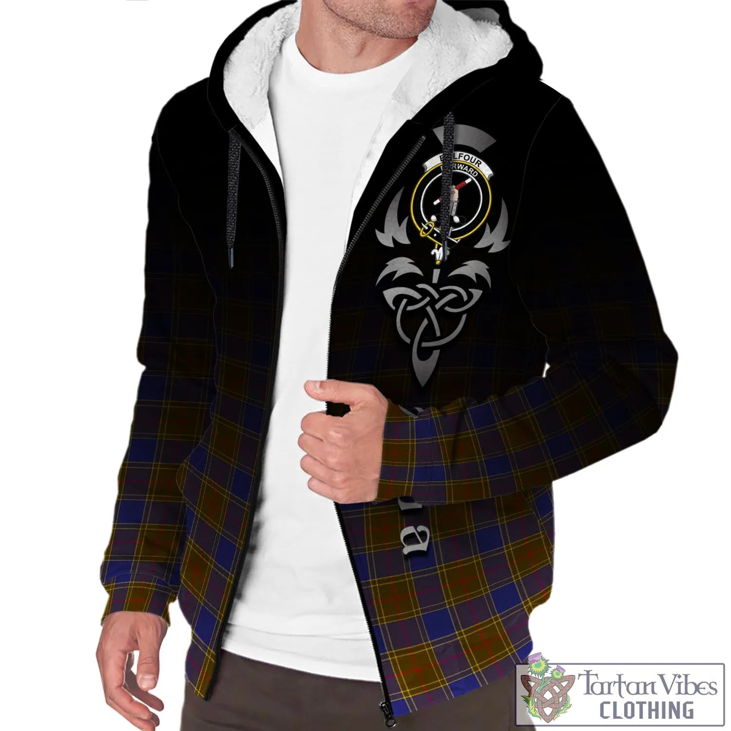 Balfour Tartan Sherpa Hoodie Featuring Alba Gu Brath Family Crest Celtic Inspired