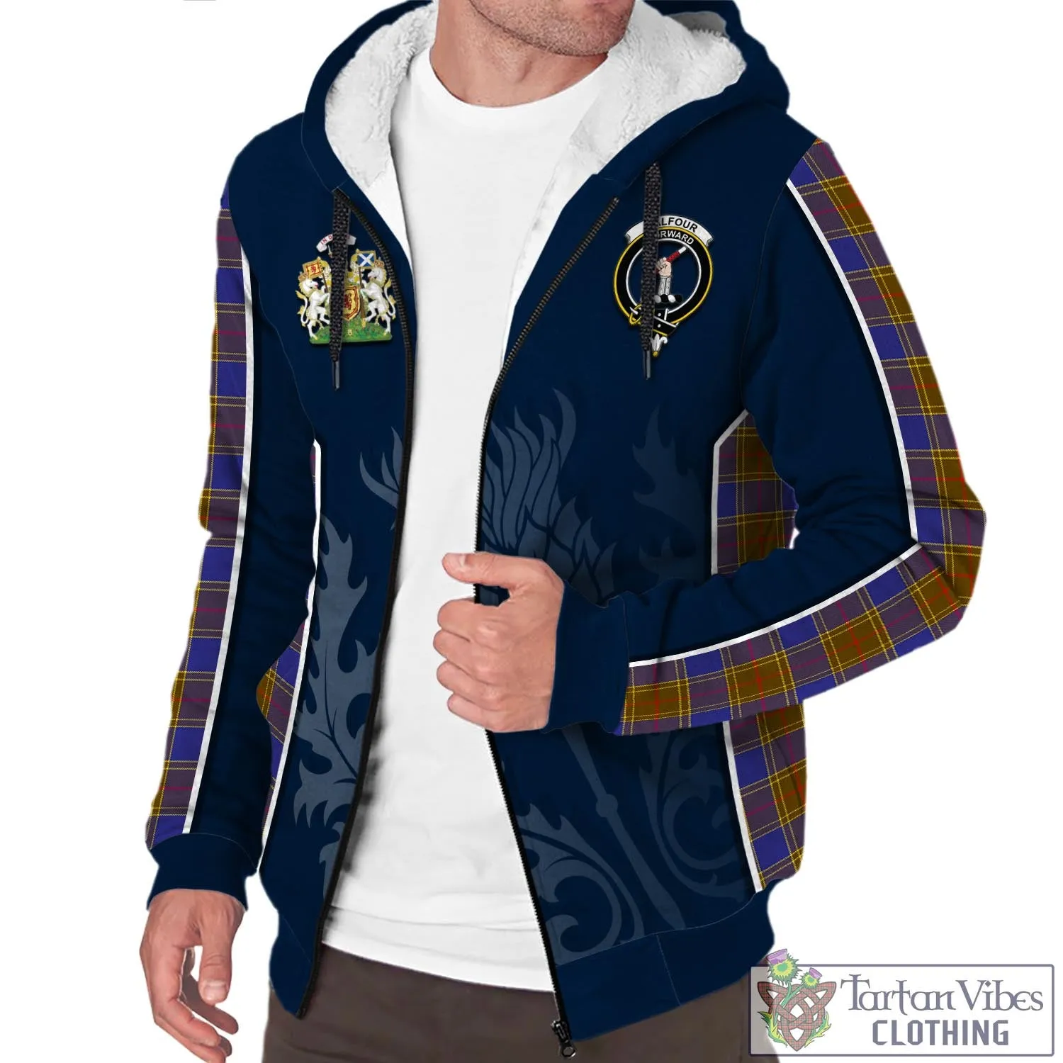 Balfour Tartan Sherpa Hoodie with Family Crest and Scottish Thistle Vibes Sport Style