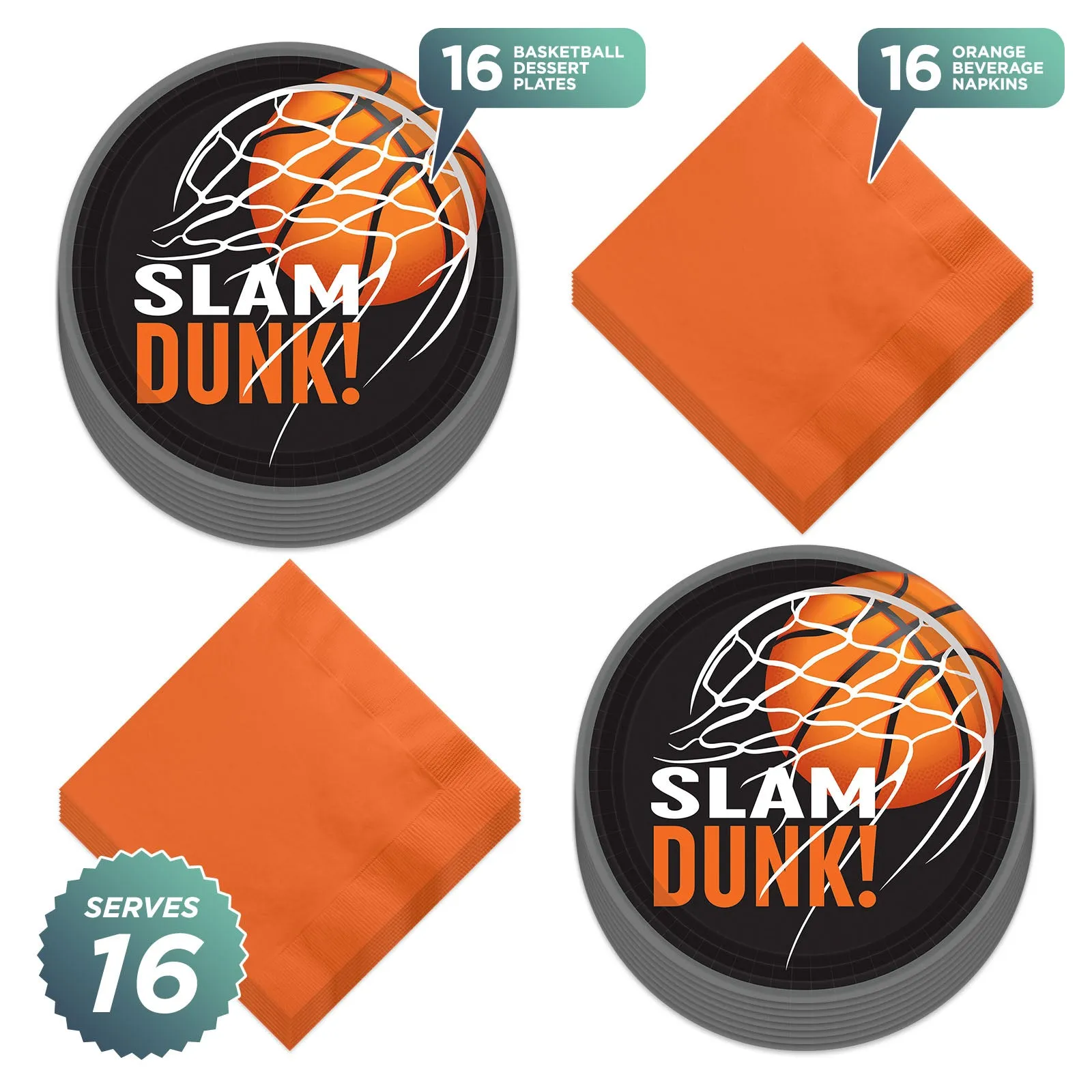 Basketball Party Supplies - Nothin' But Net Slam Dunk Paper Dessert Plates and Beverage Napkins (Serves 18)