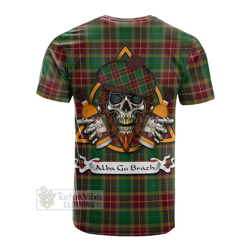 Baxter Tartan Cotton T-shirt with Family Crest and Bearded Skull Holding Bottles of Whiskey