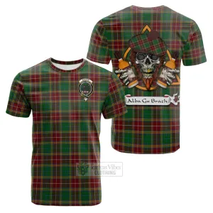 Baxter Tartan Cotton T-shirt with Family Crest and Bearded Skull Holding Bottles of Whiskey