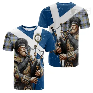 Bell Tartan Cotton T-shirt with Family Crest Scottish Bagpiper Vibes