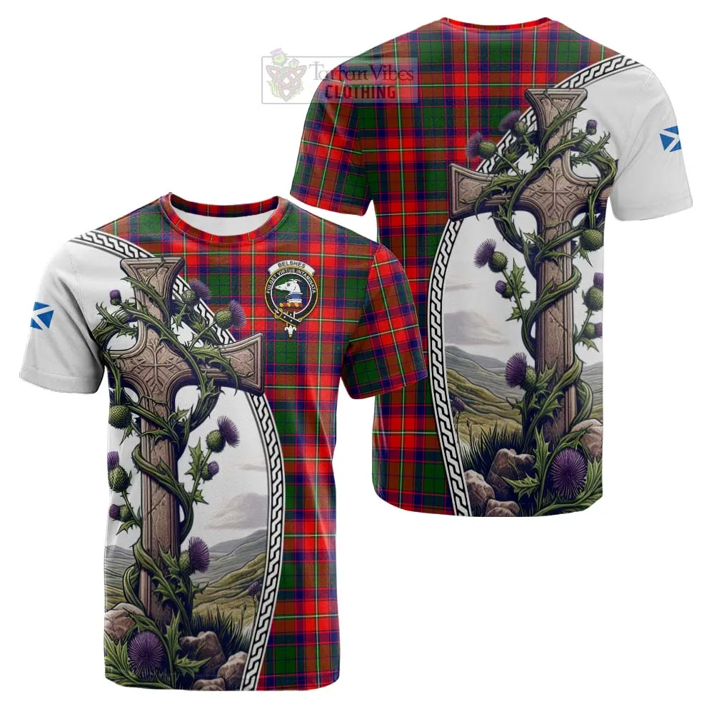 Belshes (Belsches) Tartan Cotton T-shirt with Family Crest and St. Andrew's Cross Accented by Thistle Vines