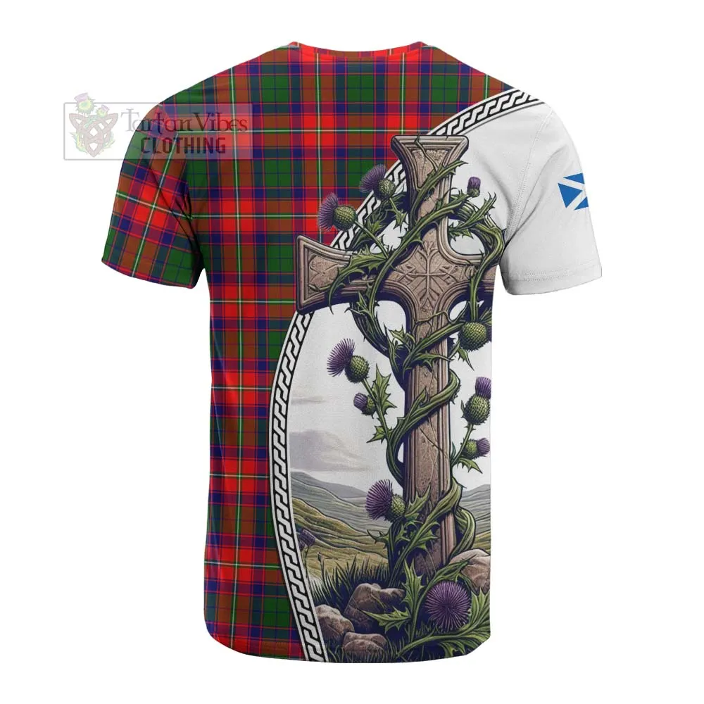 Belshes (Belsches) Tartan Cotton T-shirt with Family Crest and St. Andrew's Cross Accented by Thistle Vines