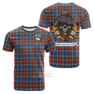 Bethune Tartan Cotton T-shirt with Family Crest and Bearded Skull Holding Bottles of Whiskey