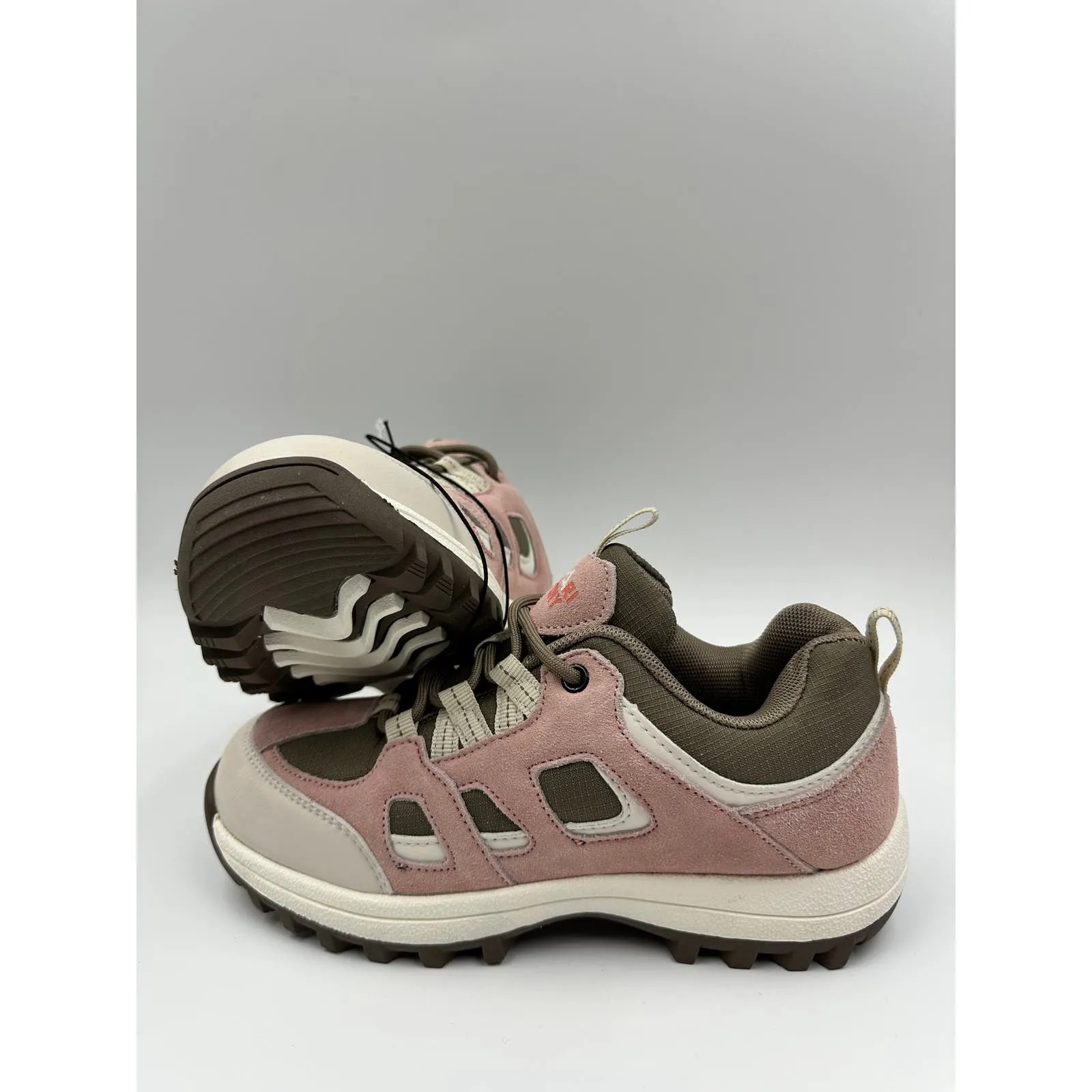 Big Kid Size 4, Low Top Pink & Brown Hikers w/ White Accents, Thick Rugged Tread