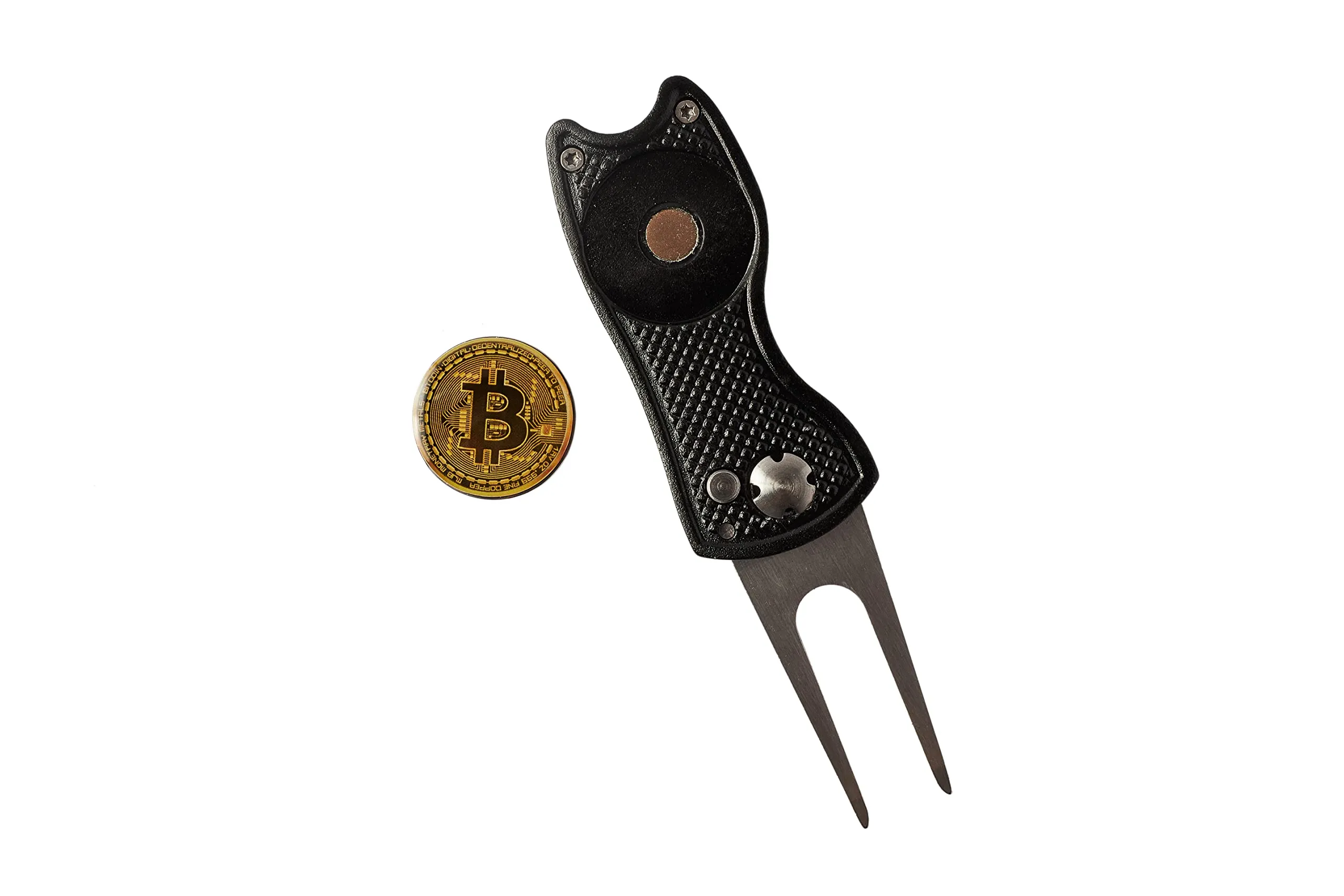 Bitcoin Golf Divot Repair Tool, All-Metal - Golf Accessories - 3- in-1 Golf Multitool