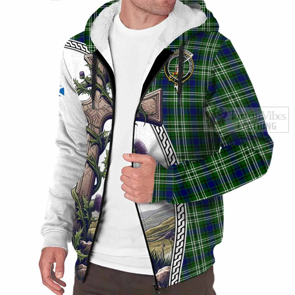 Blackadder Tartan Sherpa Hoodie with Family Crest and St. Andrew's Cross Accented by Thistle Vines