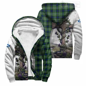 Blackadder Tartan Sherpa Hoodie with Family Crest and St. Andrew's Cross Accented by Thistle Vines