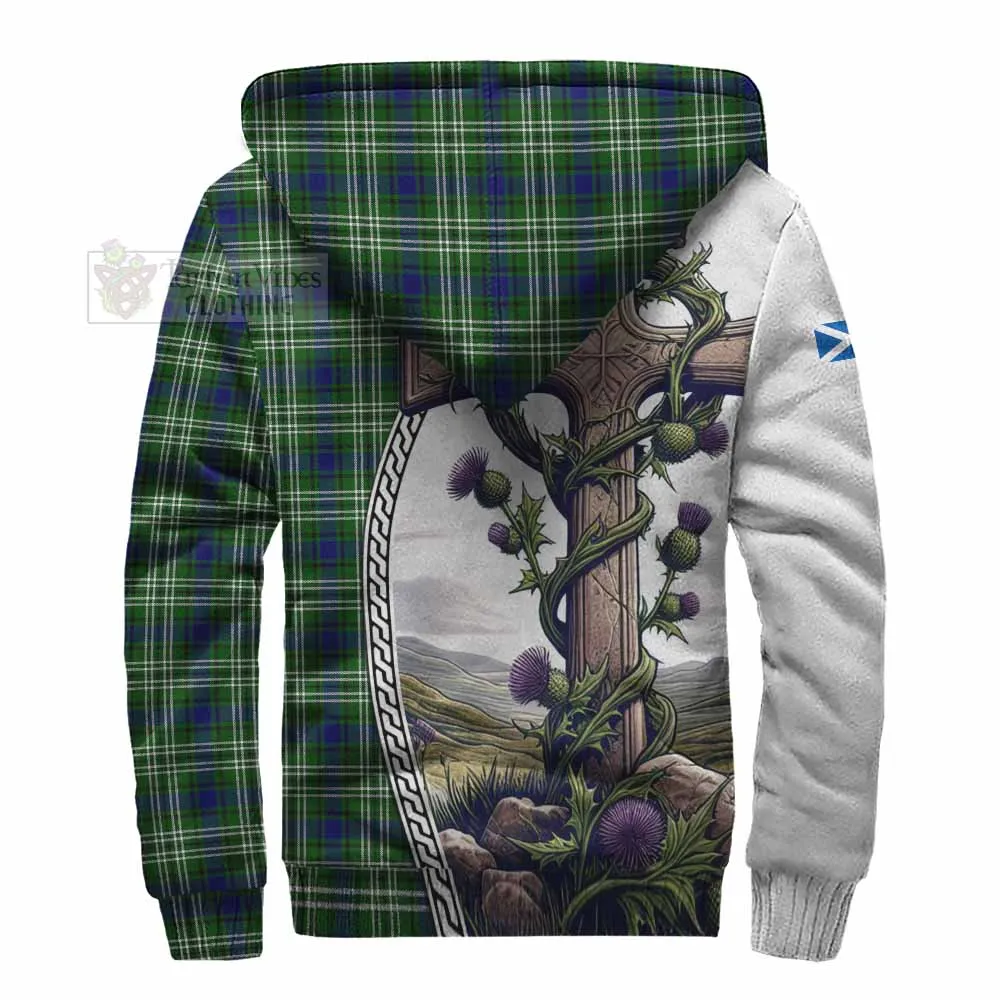 Blackadder Tartan Sherpa Hoodie with Family Crest and St. Andrew's Cross Accented by Thistle Vines