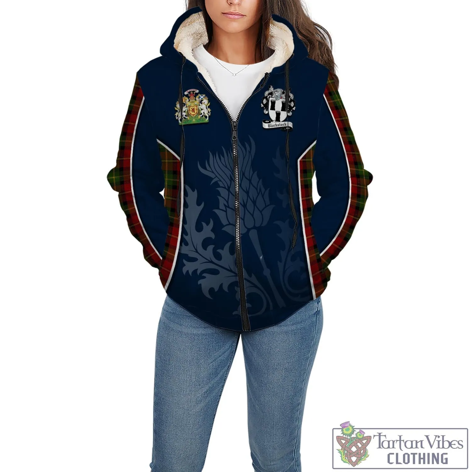 Blackstock Red Dress Tartan Sherpa Hoodie with Family Crest and Scottish Thistle Vibes Sport Style