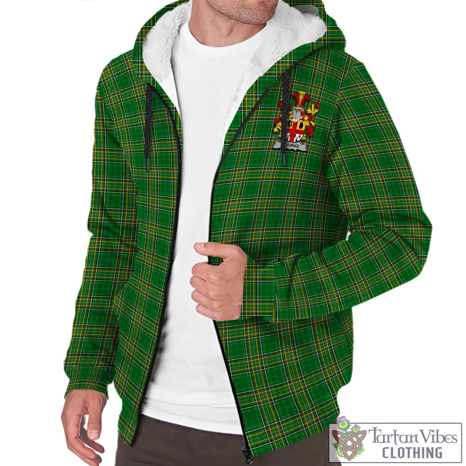 Bourke Irish Clan Tartan Sherpa Hoodie with Coat of Arms