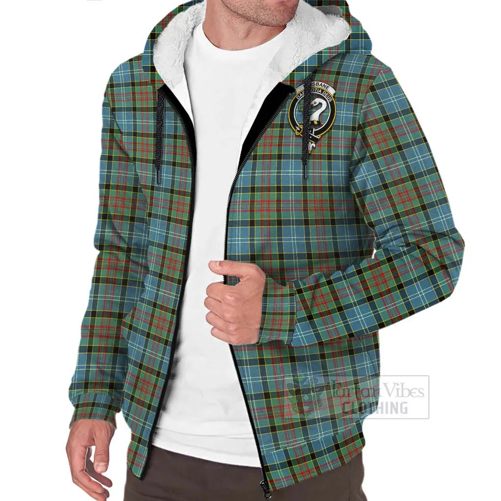 Brisbane Tartan Sherpa Hoodie with Family Crest and Bearded Skull Holding Bottles of Whiskey