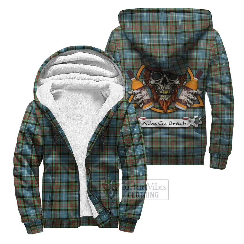 Brisbane Tartan Sherpa Hoodie with Family Crest and Bearded Skull Holding Bottles of Whiskey