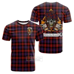 Brown (Broun) Tartan Cotton T-shirt with Family Crest and Bearded Skull Holding Bottles of Whiskey