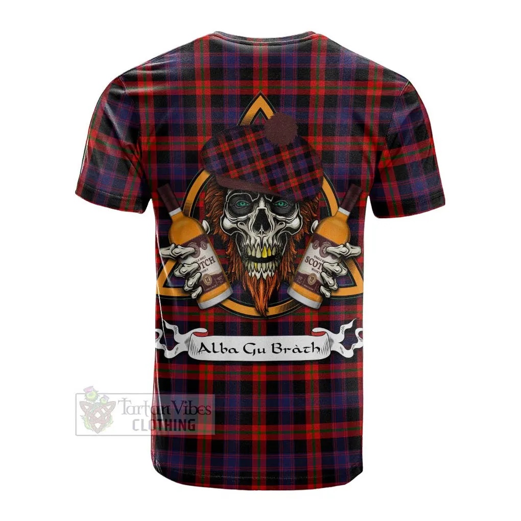 Brown (Broun) Tartan Cotton T-shirt with Family Crest and Bearded Skull Holding Bottles of Whiskey