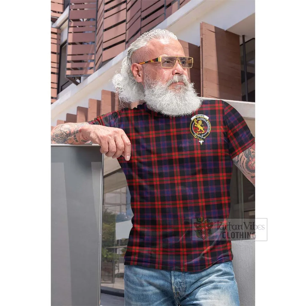 Brown (Broun) Tartan Cotton T-shirt with Family Crest and Bearded Skull Holding Bottles of Whiskey