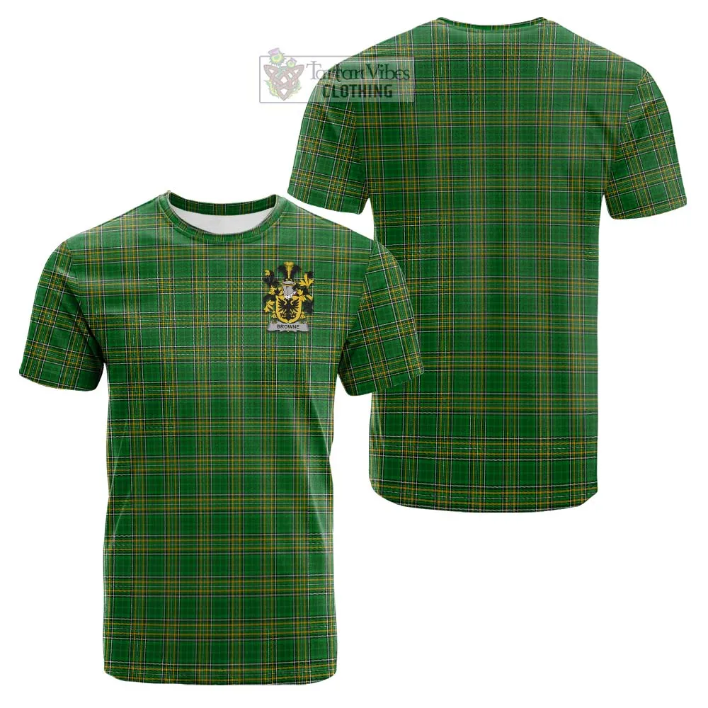 Browne Irish Clan Tartan Cotton T-shirt with Coat of Arms