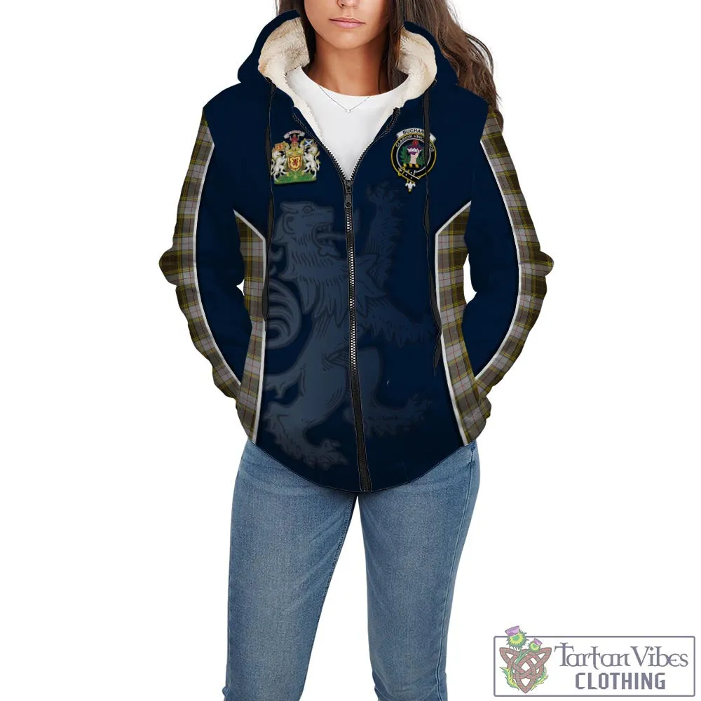 Buchanan Dress Tartan Sherpa Hoodie with Family Crest and Lion Rampant Vibes Sport Style