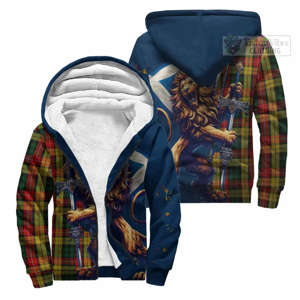 Buchanan Tartan Family Crest Sherpa Hoodie with Scottish Majestic Lion