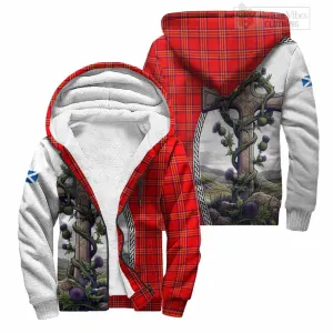 Burnett Tartan Sherpa Hoodie with Family Crest and St. Andrew's Cross Accented by Thistle Vines