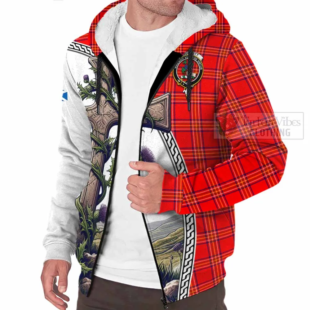 Burnett Tartan Sherpa Hoodie with Family Crest and St. Andrew's Cross Accented by Thistle Vines