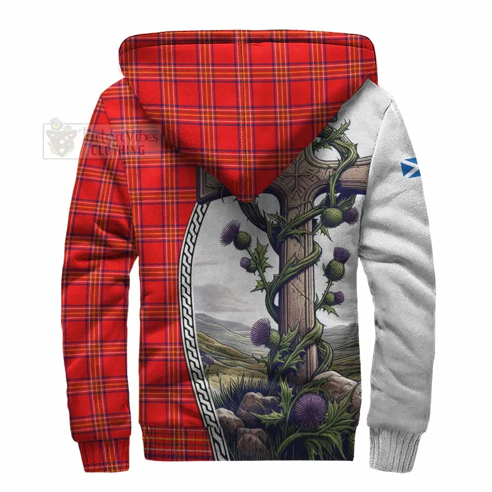 Burnett Tartan Sherpa Hoodie with Family Crest and St. Andrew's Cross Accented by Thistle Vines