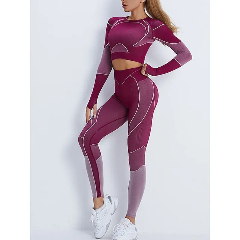 Chic Women's Winter Activewear Set: Cropped Striped Leggings & Top in Vibrant Yellow Pink for Ultimate Comfort & Style