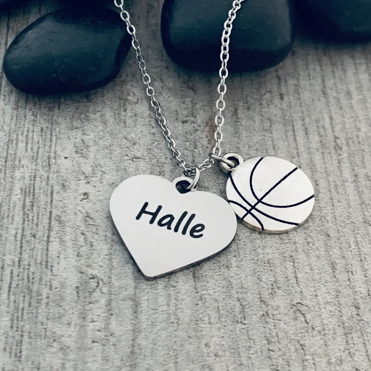 Engraved Basketball Heart Name Necklace