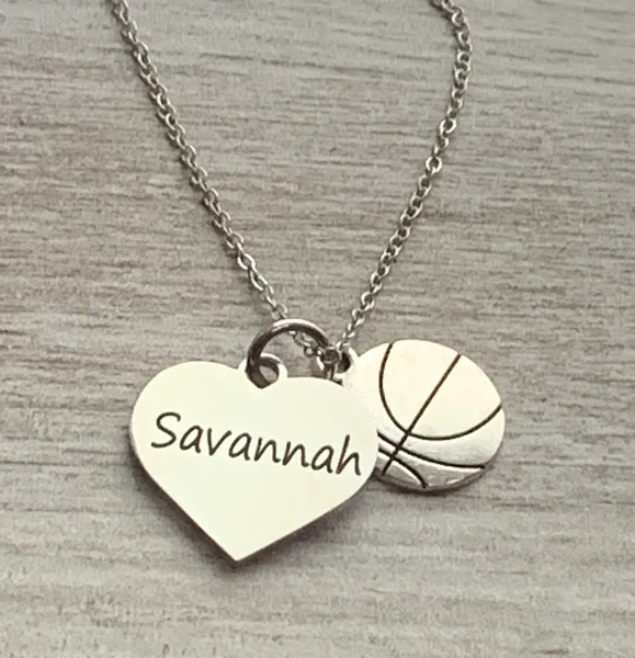 Engraved Basketball Heart Name Necklace