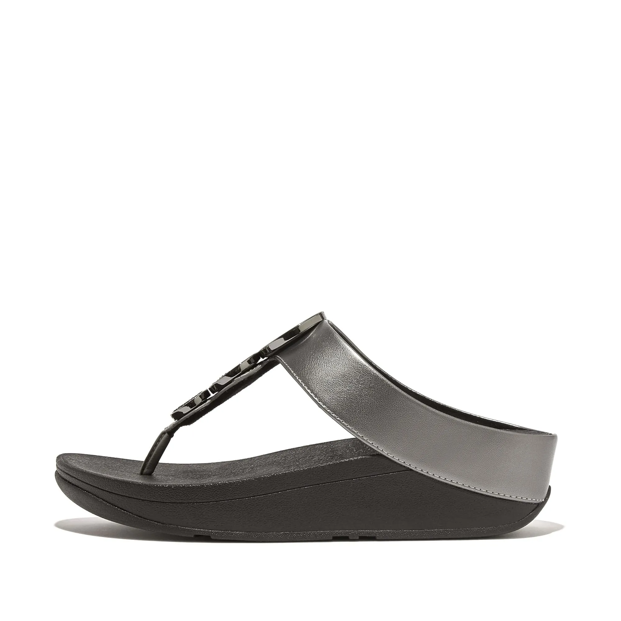 FitFlop Women's Halo Bead-Circle Metallic Toe-Post Sandals Wedge, Pewter Black