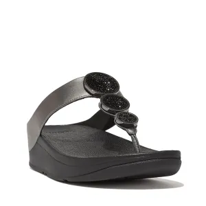 FitFlop Women's Halo Bead-Circle Metallic Toe-Post Sandals Wedge, Pewter Black