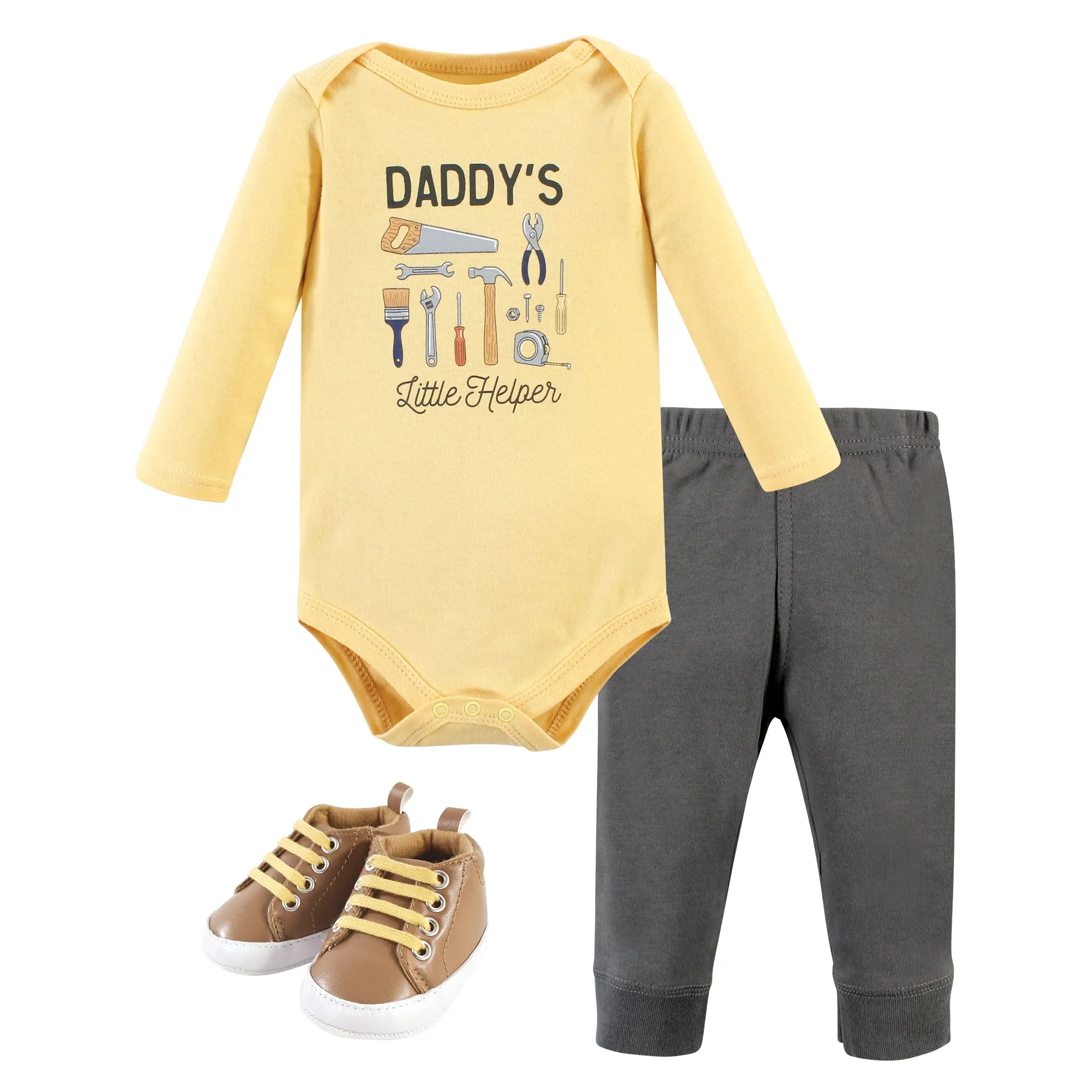 Hudson Baby Cotton Bodysuit, Pant and Shoe Set, Construction Work Long Sleeve