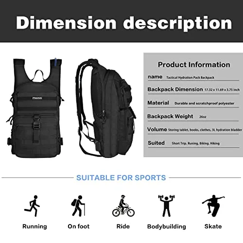 MOSISO Tactical Hydration Pack Backpack, Lightweight Military Daypack Water Backpack Rucksack Bladder Bag with 3L Water Bladder for Outdoor Sports, Hiking,Climbing,Running,Cycling,Biking, Black