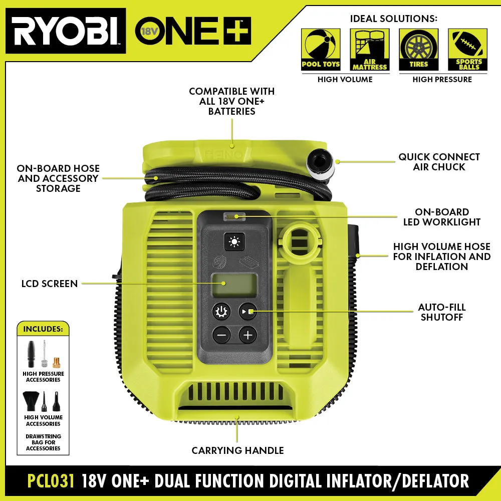 Open Box -  RYOBI ONE  18V Cordless Dual Function Inflator/Deflator(Tool Only)