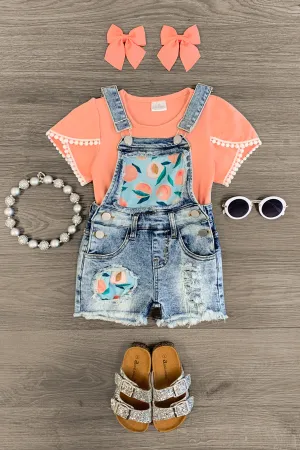 Peach Distressed Denim Overall Short Set