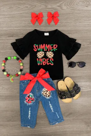 "Summer Vibes" Watermelon Cheetah Denim Capri Set