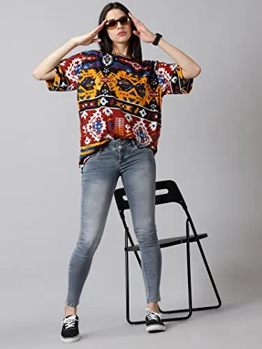 RodZen Oversized Cotton Blend All Over Printed Loose Fit T-Shirt for Women/Girls (RZW01SANGI-2XL_Multicolored_2XL)