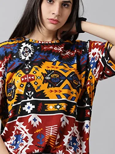 RodZen Oversized Cotton Blend All Over Printed Loose Fit T-Shirt for Women/Girls (RZW01SANGI-2XL_Multicolored_2XL)